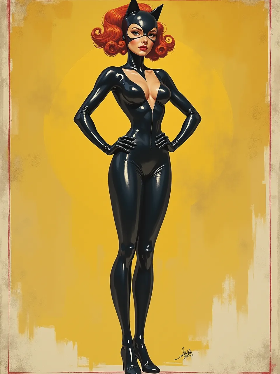 This J.C. Leyendecker-inspired Catwoman artwork showcases dramatic lighting, glossy latex textures, and masterful digital painting. Its rich brushwork captures a classic, vibrant illustration aesthetic.