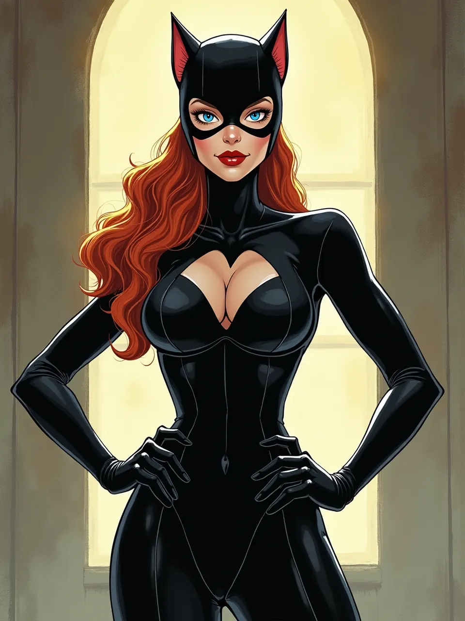 Flux AI's Catwoman, an artistic generation seeking J.J. Grandville's style, displays vibrant digital lighting, sleek textures, and a polished comic book medium.