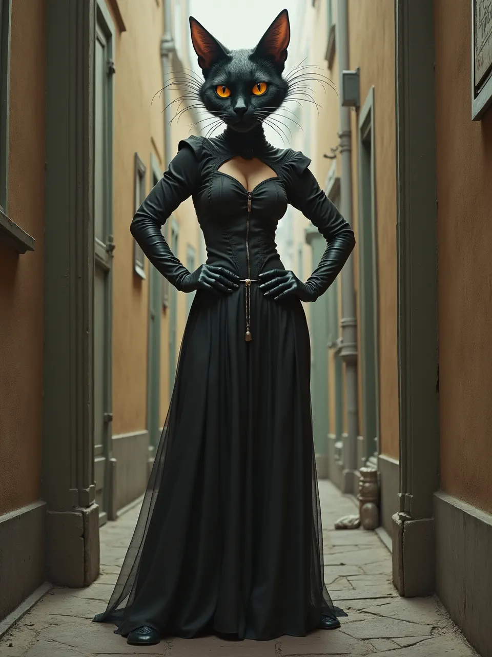 This breathtaking Catwoman in Jacek Yerka's surreal style showcases dramatic lighting, rich leather, and flowing fabric textures. This AI-generated digital art evokes masterful painting.