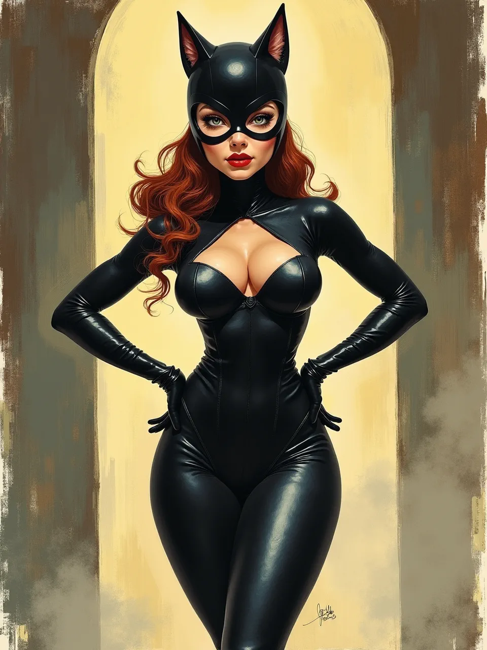 This Flux AI digital painting of Catwoman, inspired by Jack Davis, features dramatic lighting accentuating her glossy textures and vibrant red hair, rendered with an expressive brushstroke artistic medium.