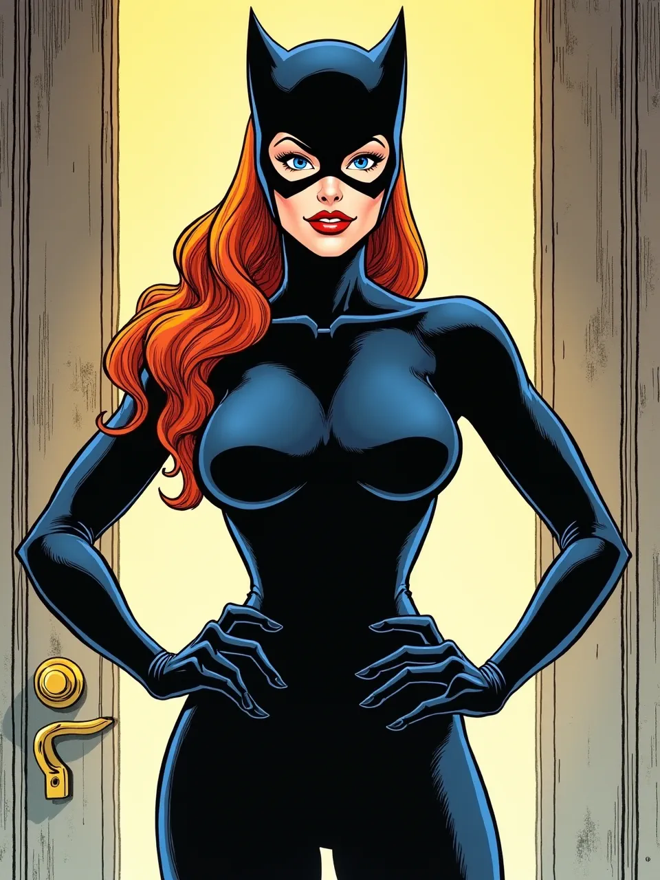 Jack Kirby's bold comic book lighting and sleek textures define this vibrant Catwoman digital illustration. A stunning Flux AI generation with striking detail.