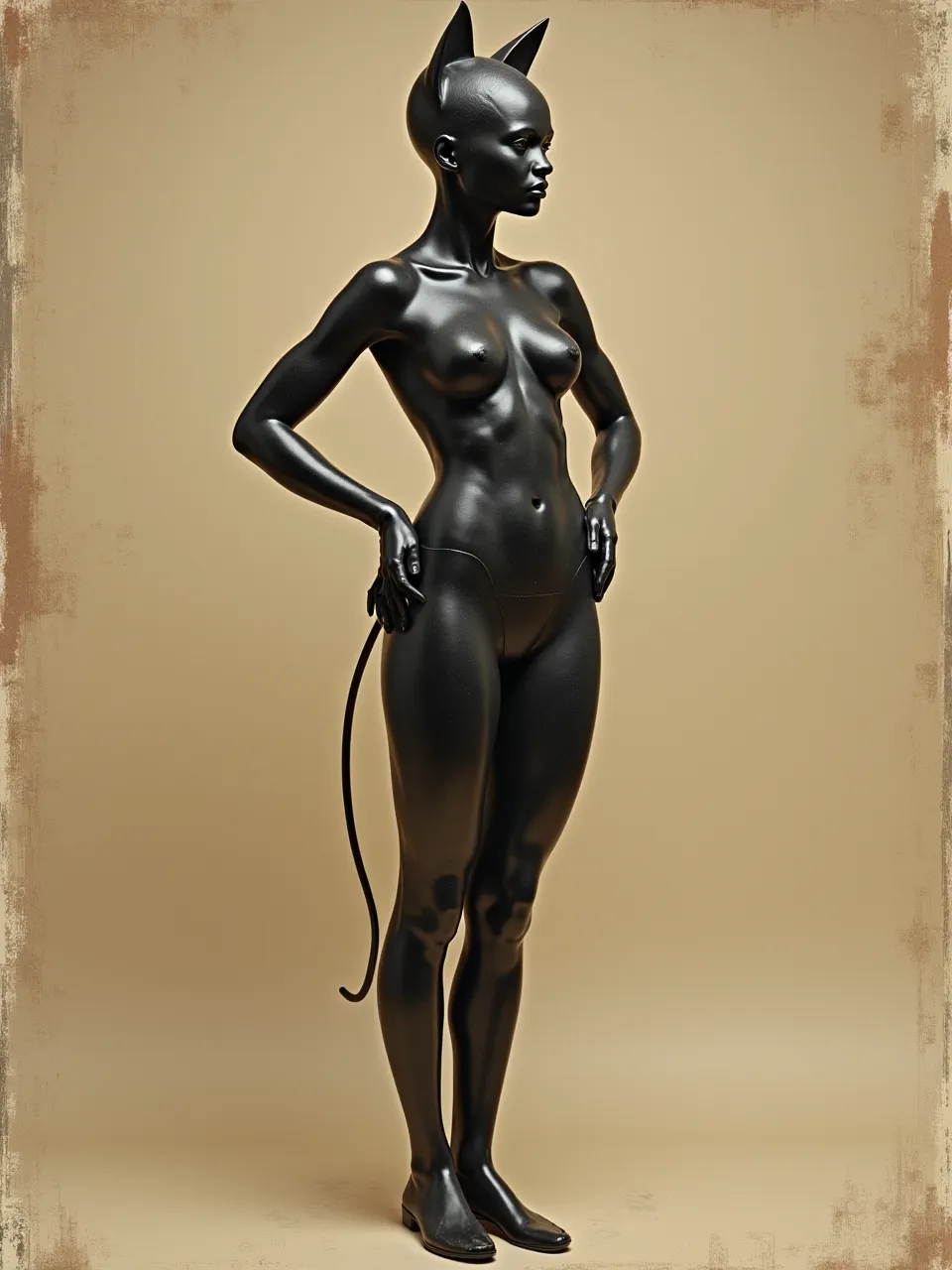 This Flux AI Catwoman, sculpted by Jacques-Louis David's chiaroscuro lighting, reveals stunning metallic textures. This dark, neoclassical masterpiece is a bold painterly exploration of form.
