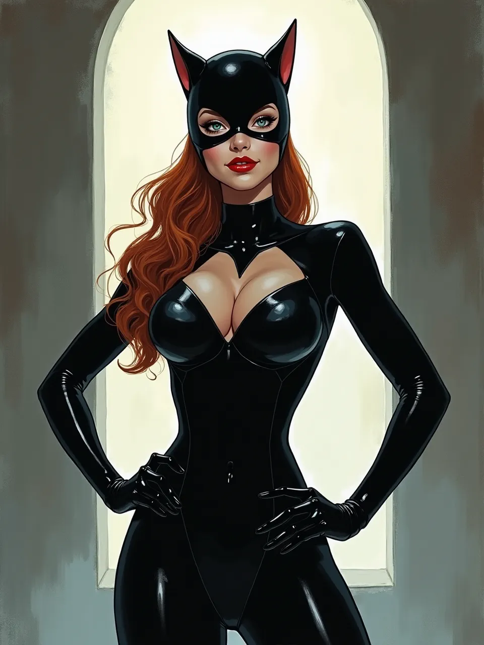 Experience the iconic Catwoman, in Jae Lee's striking style. Dramatic lighting intensifies glossy latex textures. This stunning digital comic art beautifully captures her alluring presence.