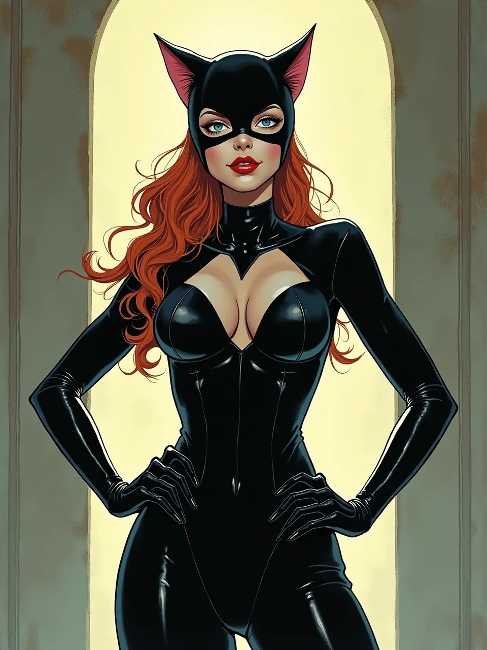This Catwoman digital illustration, in Jakub Rebelka's iconic style, features dynamic lighting illuminating glossy latex textures. This vibrant comic art perfectly captures her alluring, powerful essence.