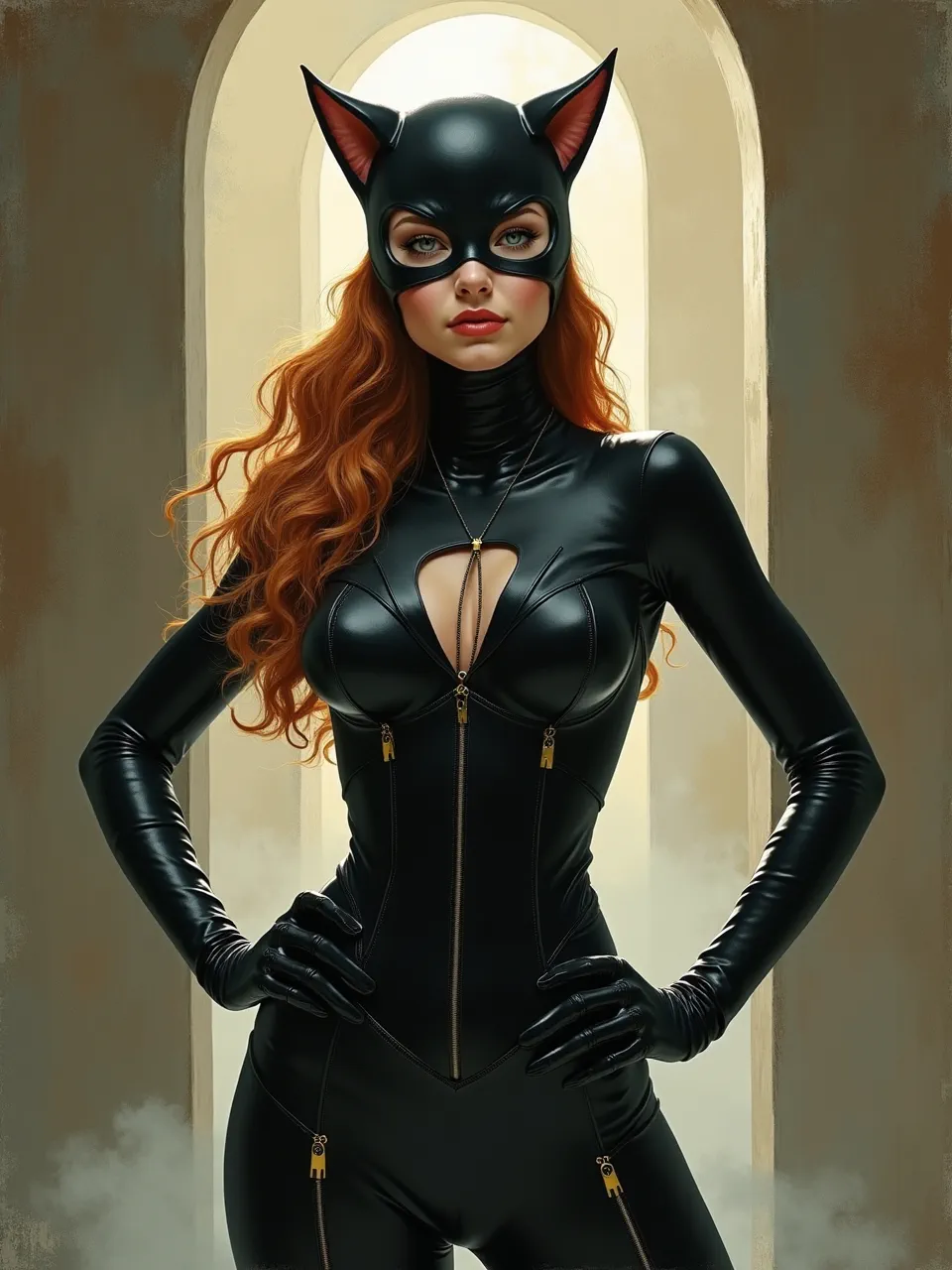 Experience Catwoman reimagined in James C. Christensen's painterly style. Ethereal lighting accentuates her sleek leather textures in this masterfully rendered digital painting, captivating viewers.