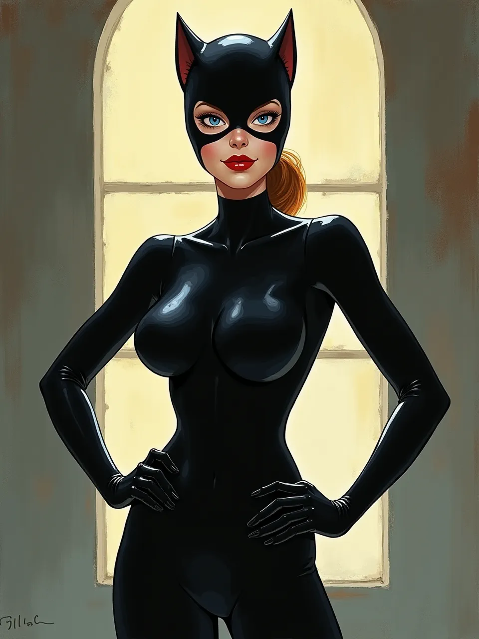James Gilleard's distinctive style elevates Catwoman in this digital illustration, showcasing dramatic backlighting, slick PVC textures, and a graphic, vibrant artistic medium.