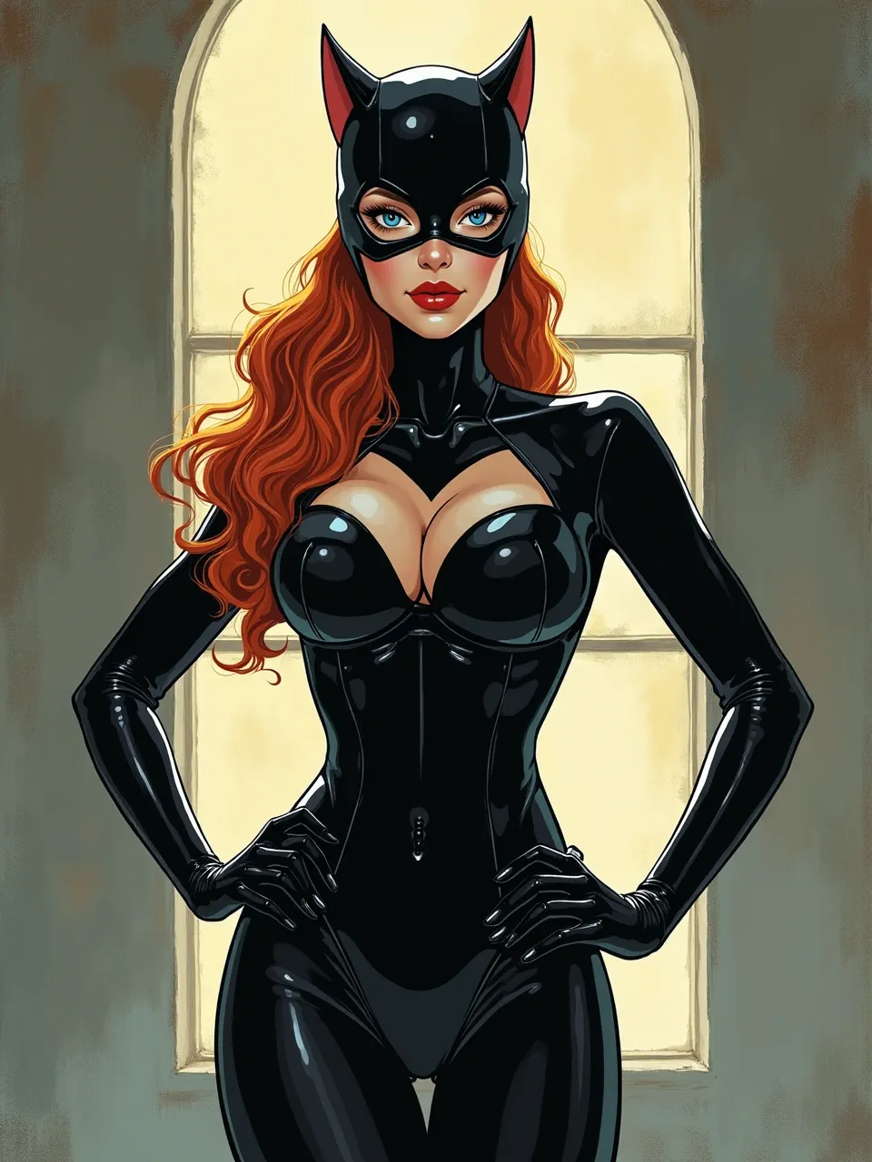 Experience Catwoman's allure through James Jean's artistic lens in this vibrant digital painting. Dynamic lighting enhances glossy suit textures and flowing red hair, creating an evocative masterpiece.