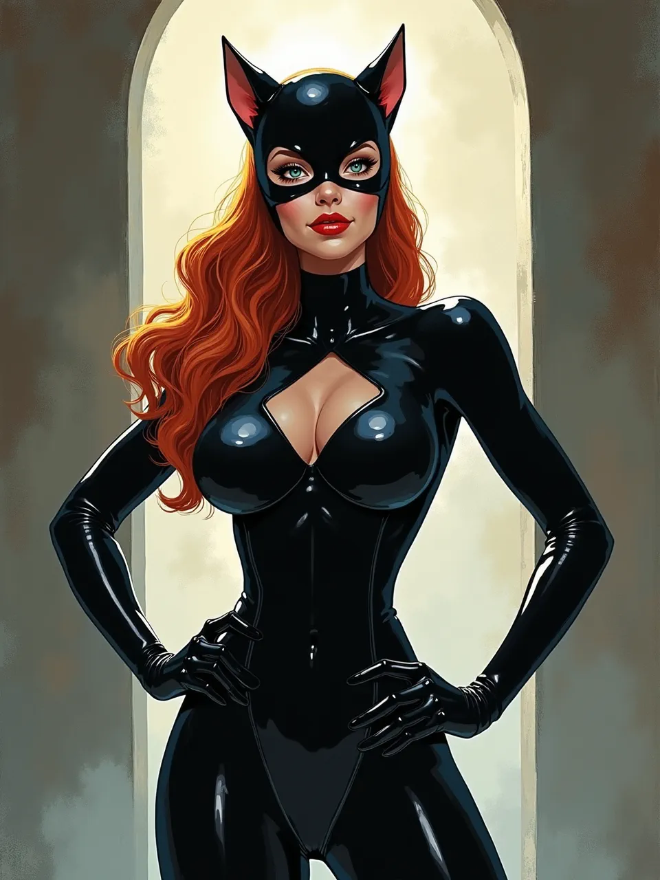 Experience Catwoman reimagined in striking James Stokoe style digital art. Brilliant lighting accentuates glossy latex textures and vibrant colors, creating a captivating comic masterpiece.