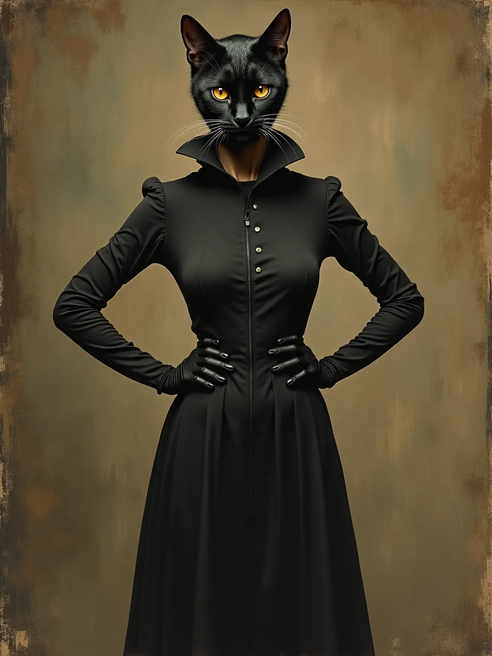 This Flux AI Catwoman generation uses Jan Vermeer's lighting to define rich oil painting textures on dark fabric and fur. Masterful chiaroscuro enhances the striking digital art.