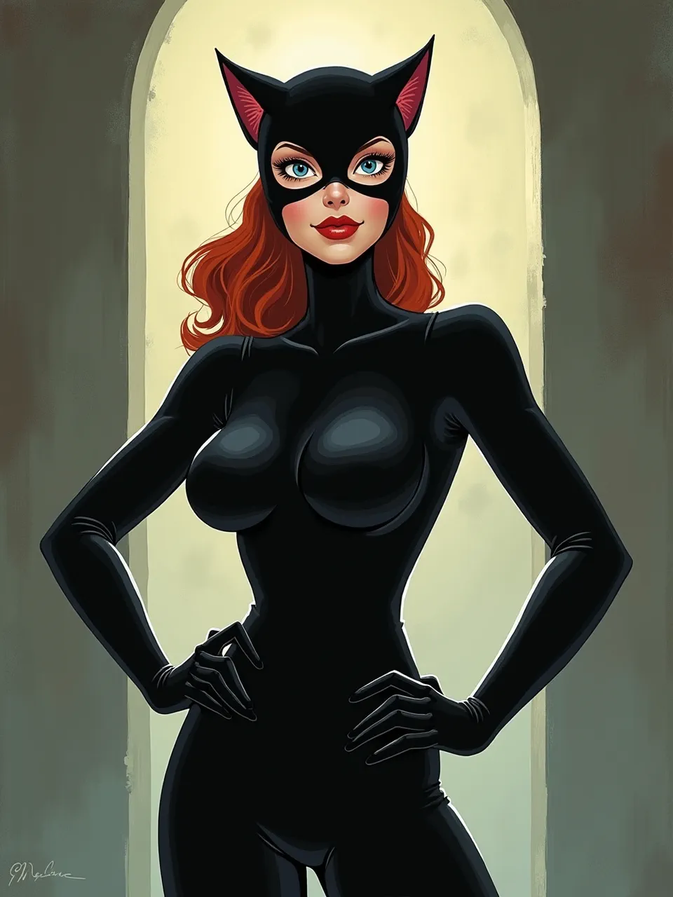 This vibrant digital illustration features Catwoman in the Jane Newland style. Soft backlighting enhances sleek, almost latex textures, creating a polished, captivating digital painting.