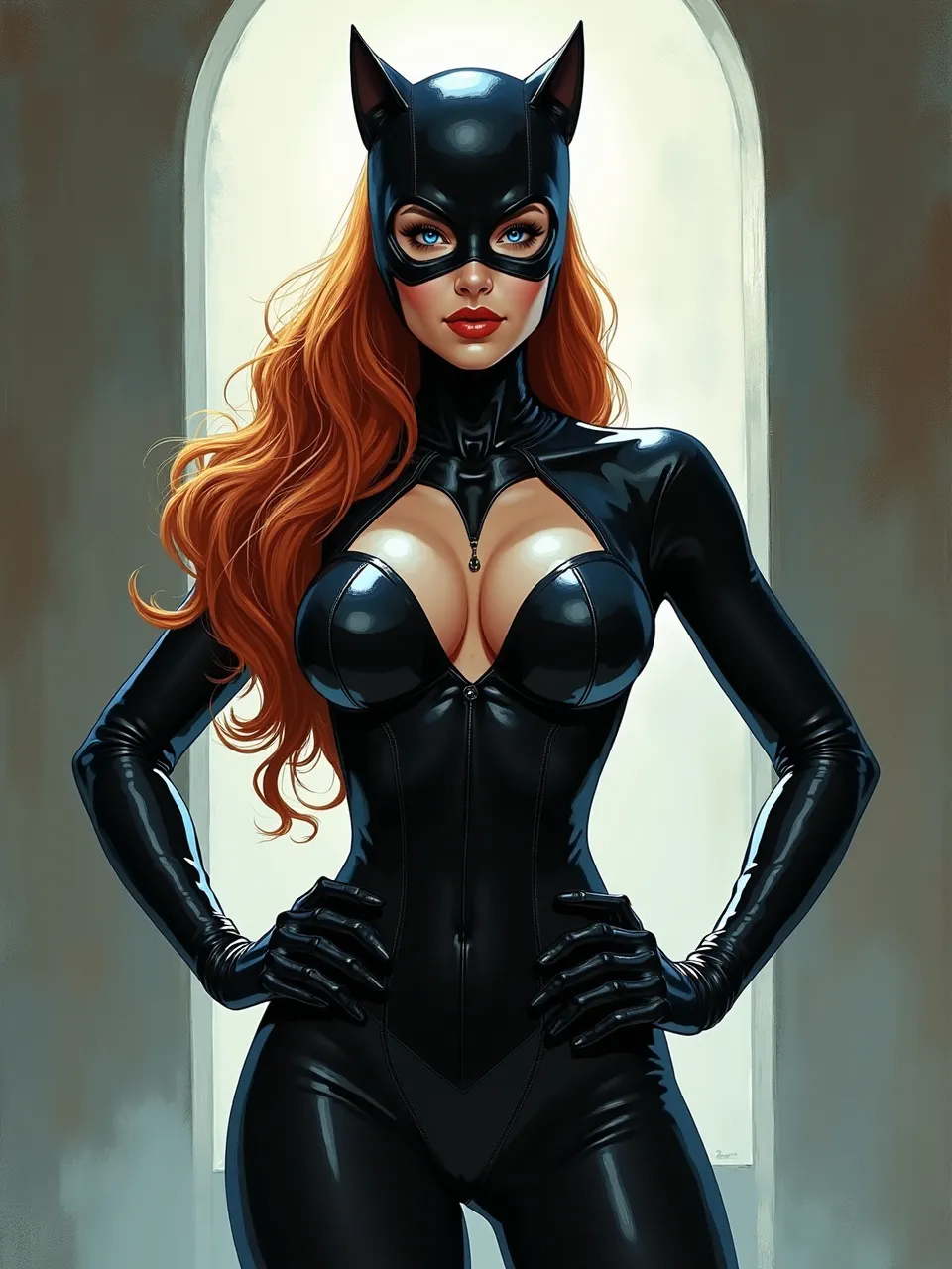 This stunning Catwoman digital painting by Jay Anacleto showcases exquisite lighting on glossy textures. Realistic digital rendering highlights every detail of her sleek suit and vibrant hair.