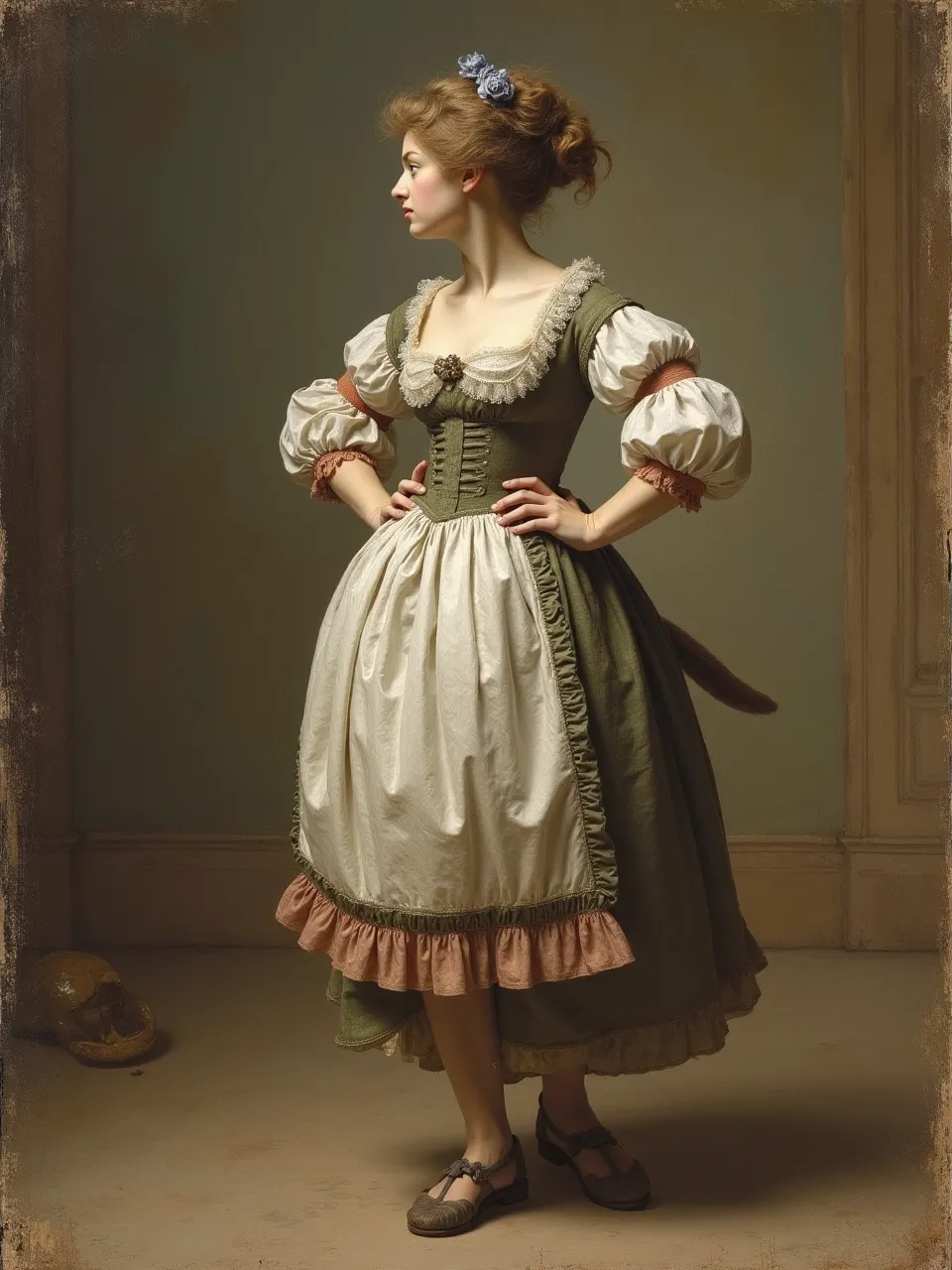This Flux AI Catwoman generation in Jean-Antoine Watteau's Rococo style features a delicate oil painting. Soft lighting emphasizes luxurious fabric textures, showcasing elegant, mysterious allure.