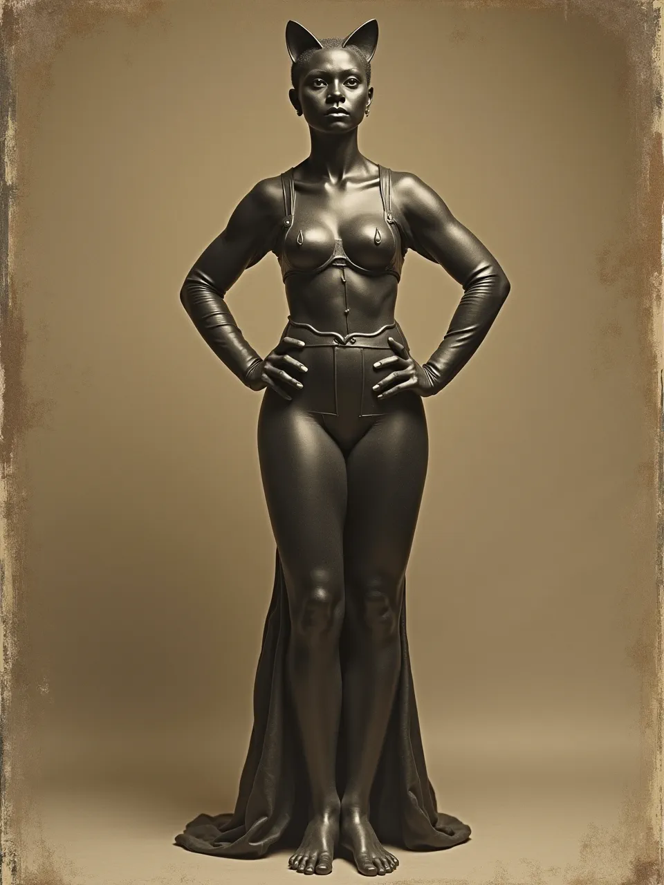 This Jean-Auguste-Dominique Ingres-inspired Catwoman portrait showcases sculptural lighting on lustrous leather textures and draped fabric, capturing classical oil painting artistry with striking precision.