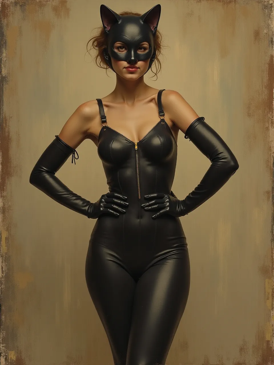 This Catwoman portrait, inspired by Jean-Baptiste Camille Corot, features soft, diffused lighting accentuating rich leather textures. An exquisite oil painting, it blends comic lore with classic fine art.