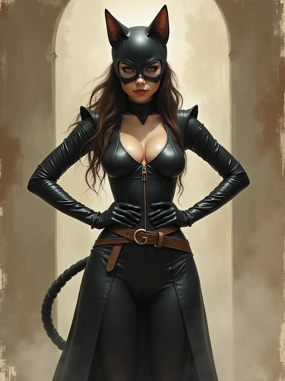 Jean-Baptiste Monge's style elevates this Catwoman digital painting. Exquisite leather textures and atmospheric lighting define this detailed fantasy illustration, showcasing masterful artistry and design.