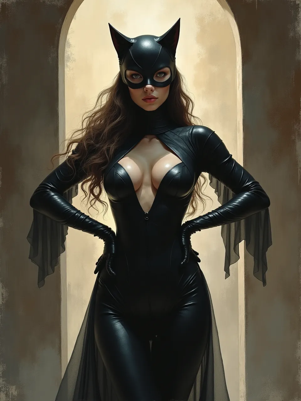 This striking AI digital art merges Jean Delville's dramatic lighting with Catwoman's glossy leather textures and flowing hair. Ethereal glow highlights her powerful, Symbolist form.