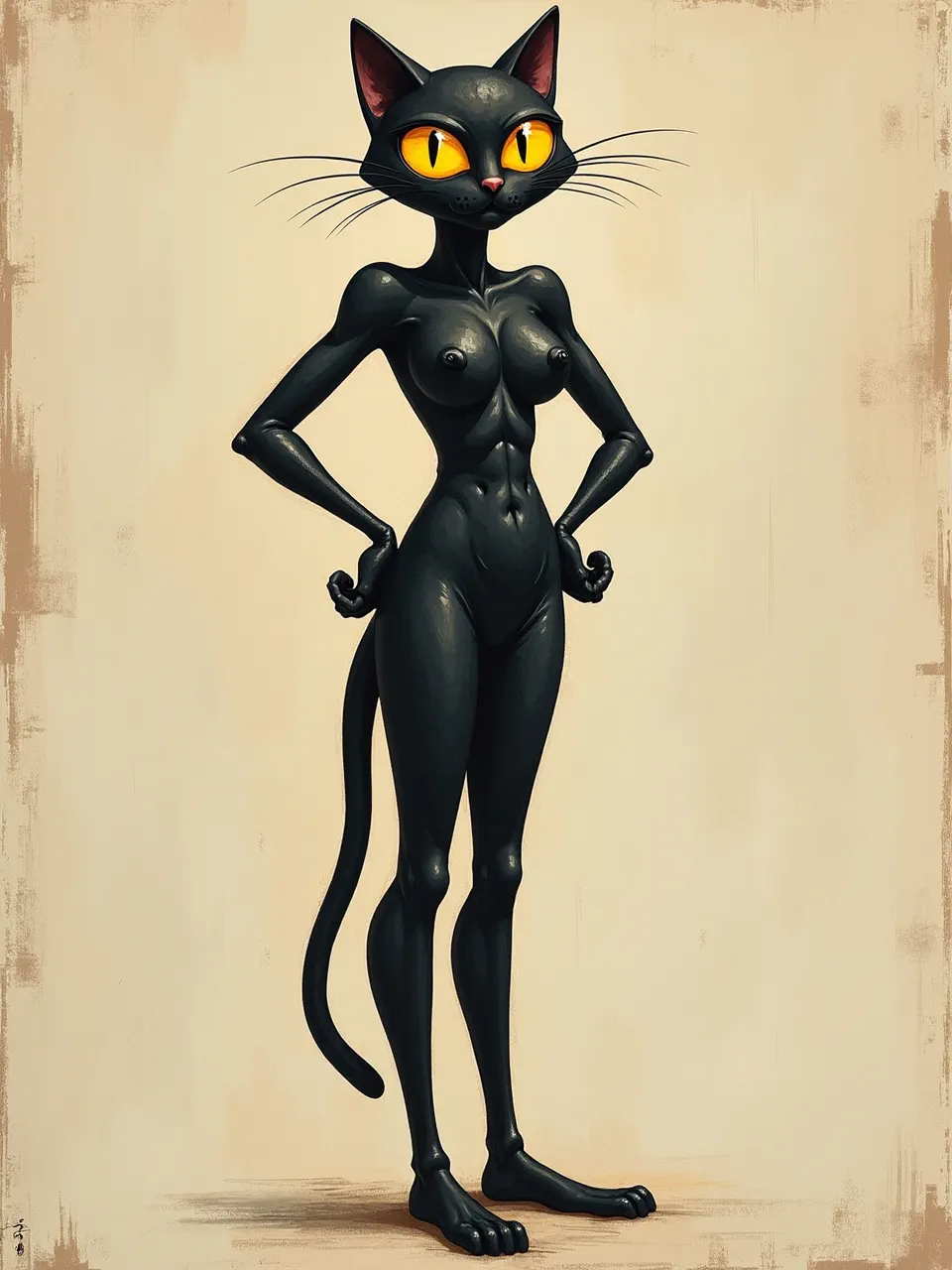 This striking AI Catwoman generation, inspired by Jean Dubuffet's raw aesthetic, showcases smooth, dark textures and dramatic lighting within a unique digital illustration.