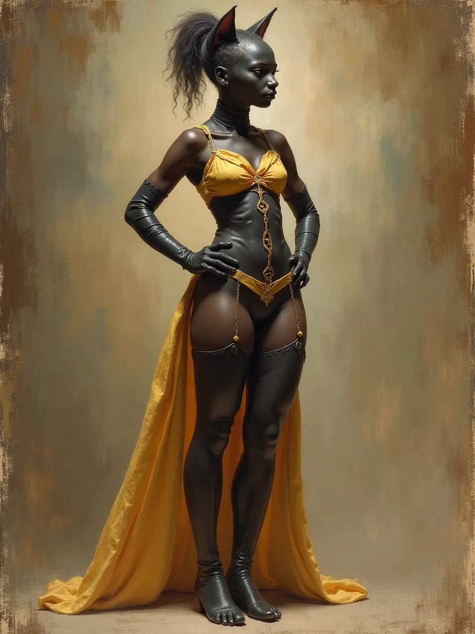 This Catwoman generation, evoking Jean-Honoré Fragonard's elegance, is an oil painting where soft, dramatic lighting accentuates sleek leather textures and flowing fabric against a painterly, Rococo backdrop.