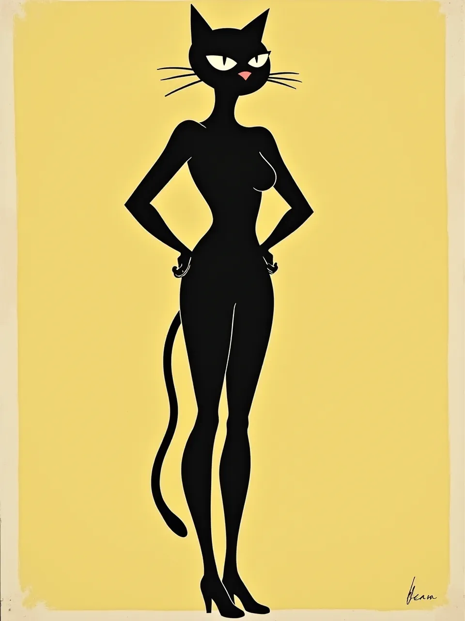 This Jean Jullien-style Catwoman illustration boasts flat, smooth textures and graphic silhouette lighting. Bold black forms against yellow create an iconic, modern vector art design.