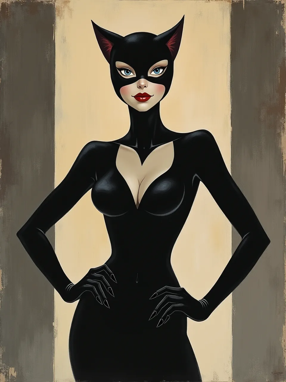 This Flux AI Catwoman generation embodies Jean Metzinger's influence with subtle lighting, smooth suit textures, and a painterly canvas background, creating a striking acrylic artwork.