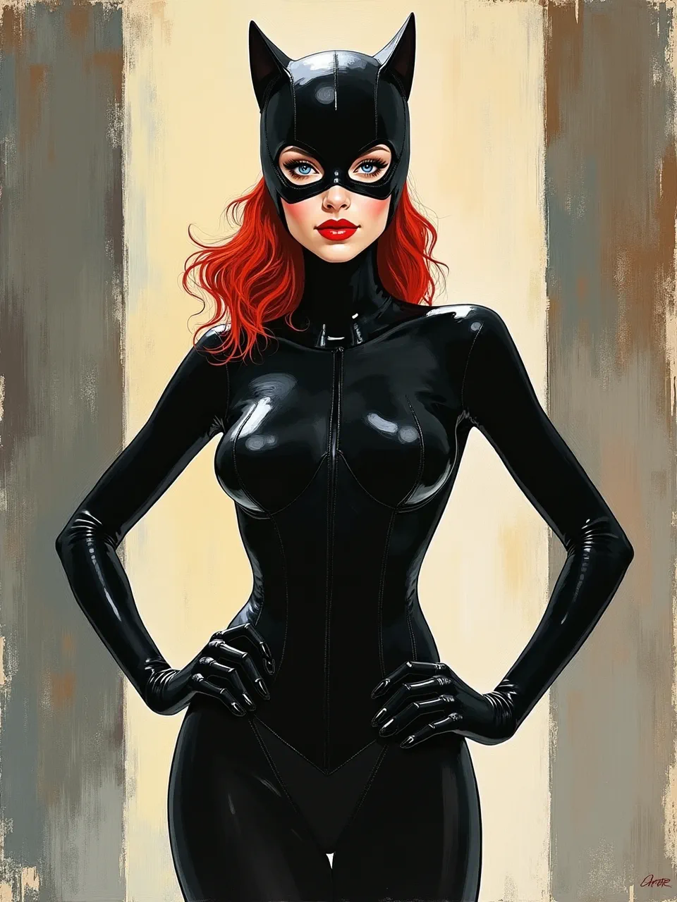 This vibrant Catwoman digital painting, infused with Jean-Paul Riopelle's impasto textures, features dramatic lighting enhancing glossy latex and background details, creating a unique AI art piece.
