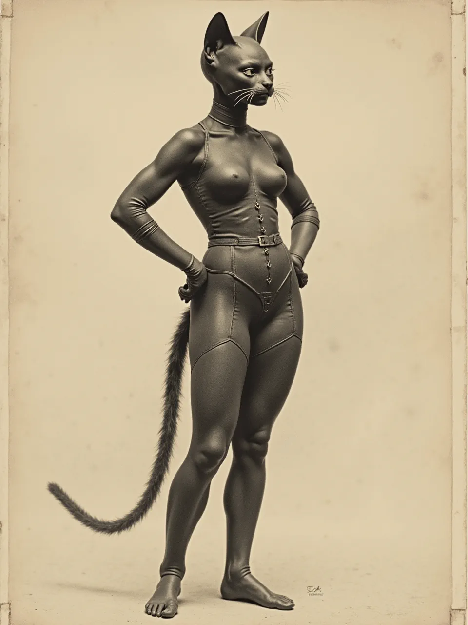 A Jean Siméon Chardin-inspired Catwoman emerges, sculpted by nuanced lighting and rich, painterly oil textures. This monochrome digital painting captures classical artistic depth, highlighting her iconic form.