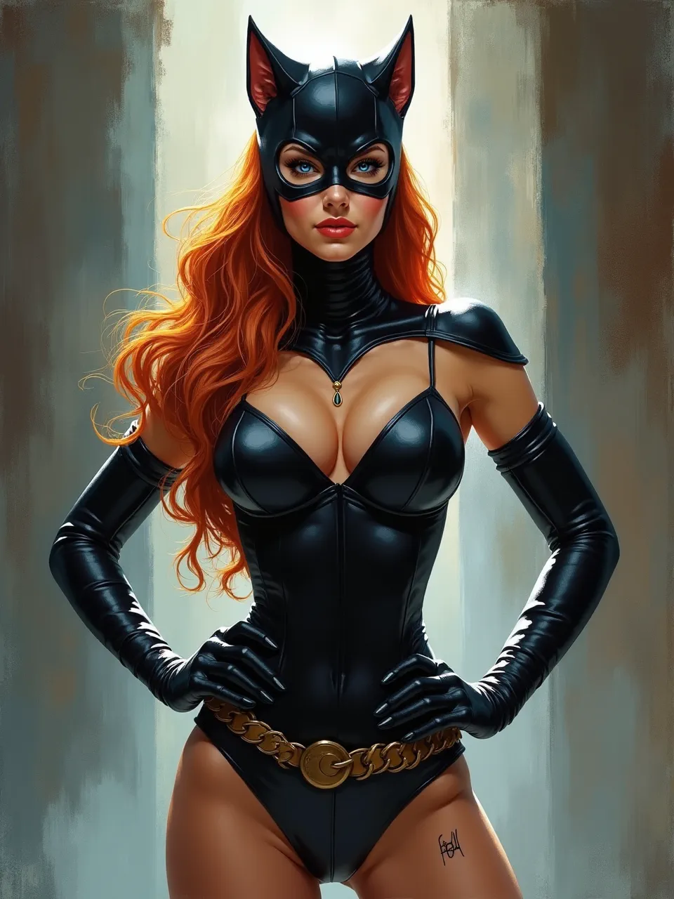 Captivating Catwoman, rendered in Jeff Easley's iconic style, features dramatic lighting, glistening leather textures, and vibrant hair. This digital painting masterfully blends fantasy and realism.