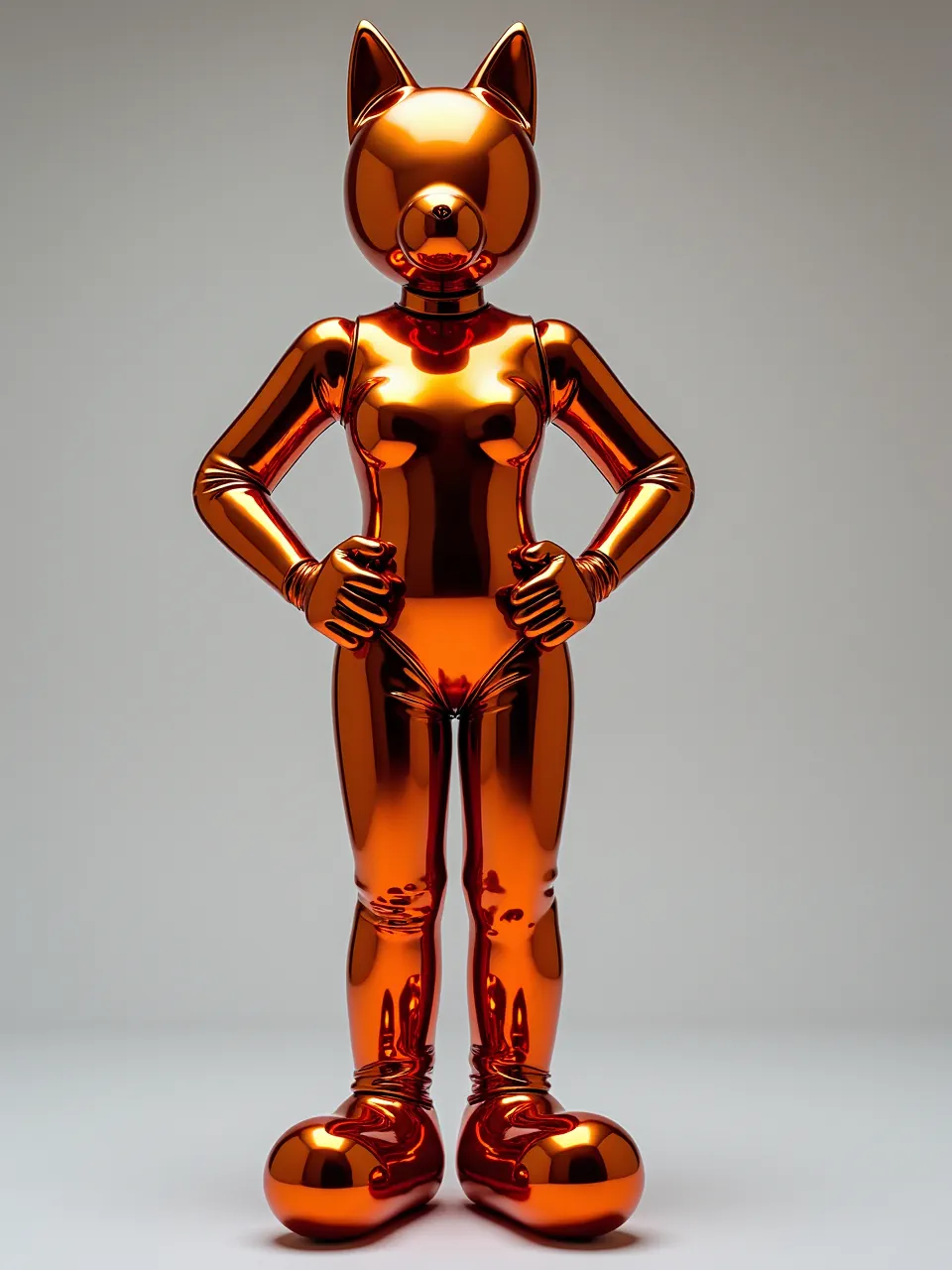 Jeff Koons' Catwoman reimagined. Luminous studio lighting illuminates highly polished, reflective orange metallic textures on this striking contemporary sculpture medium, exuding iconic pop art brilliance.