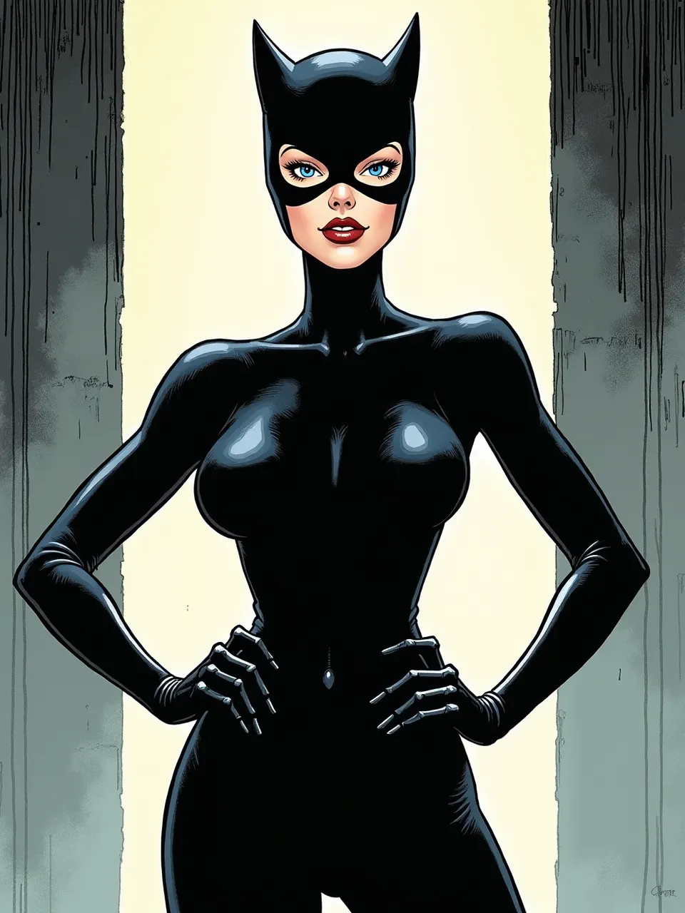 Experience a unique Catwoman vision, capturing Jeff Lemire's aesthetic. Striking digital comic art showcases dramatic lighting, emphasizing sleek, glossy textures and gritty backgrounds.
