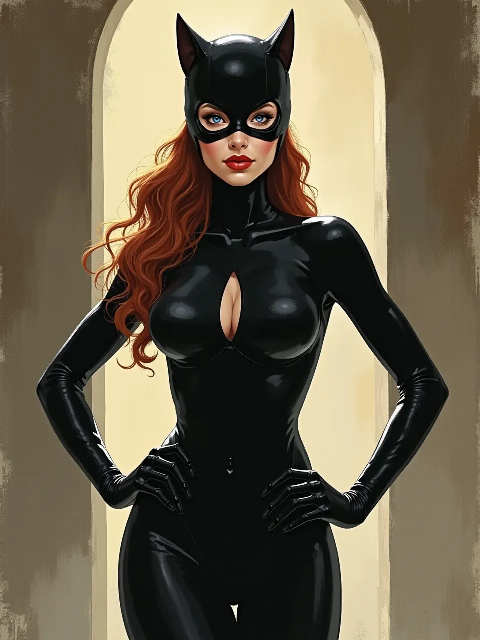 This Flux AI Catwoman generation, influenced by Jeffrey Catherine Jones, showcases dramatic lighting on sleek, glossy latex textures. Expertly crafted digital art highlights rich, oil-like brushstrokes.