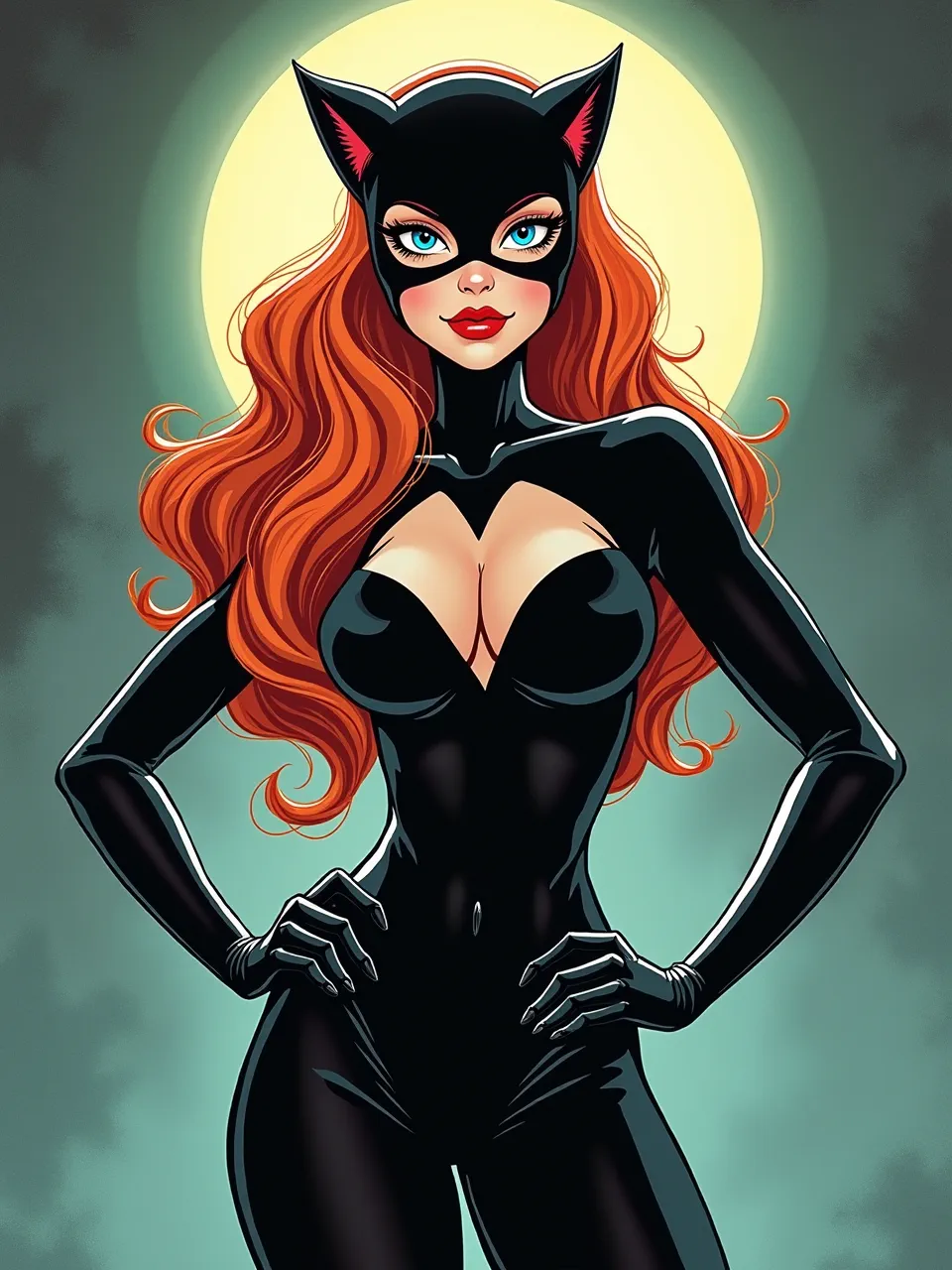 Captivating Jeremiah Ketner Catwoman digital art. Dramatic moon backlighting creates striking highlights on her glossy suit and vibrant hair, showcasing smooth textures and bold lines.