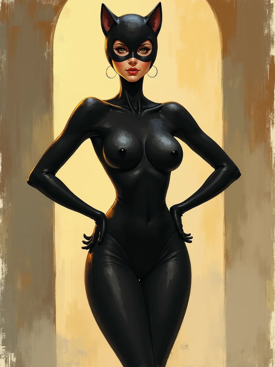 This striking Catwoman digital painting in Jerry Pinkney's elegant style showcases luminous lighting emphasizing rich, glossy textures and dramatic brushwork, creating a captivating, iconic portrayal.
