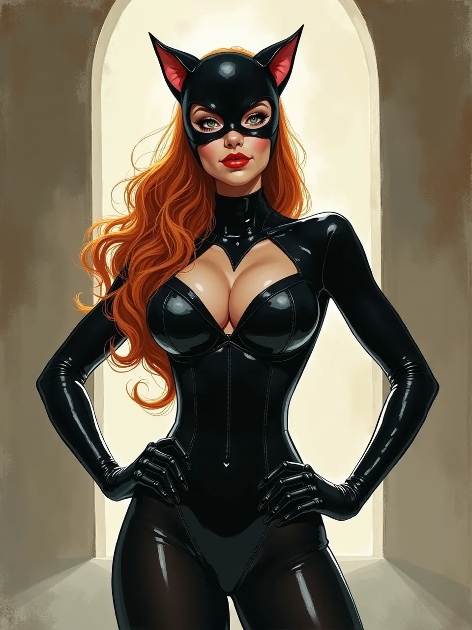 This vibrant Catwoman Jesper Ejsing-style AI digital painting features dramatic lighting, highlighting glossy latex textures and flowing red hair, masterfully rendered for striking impact.