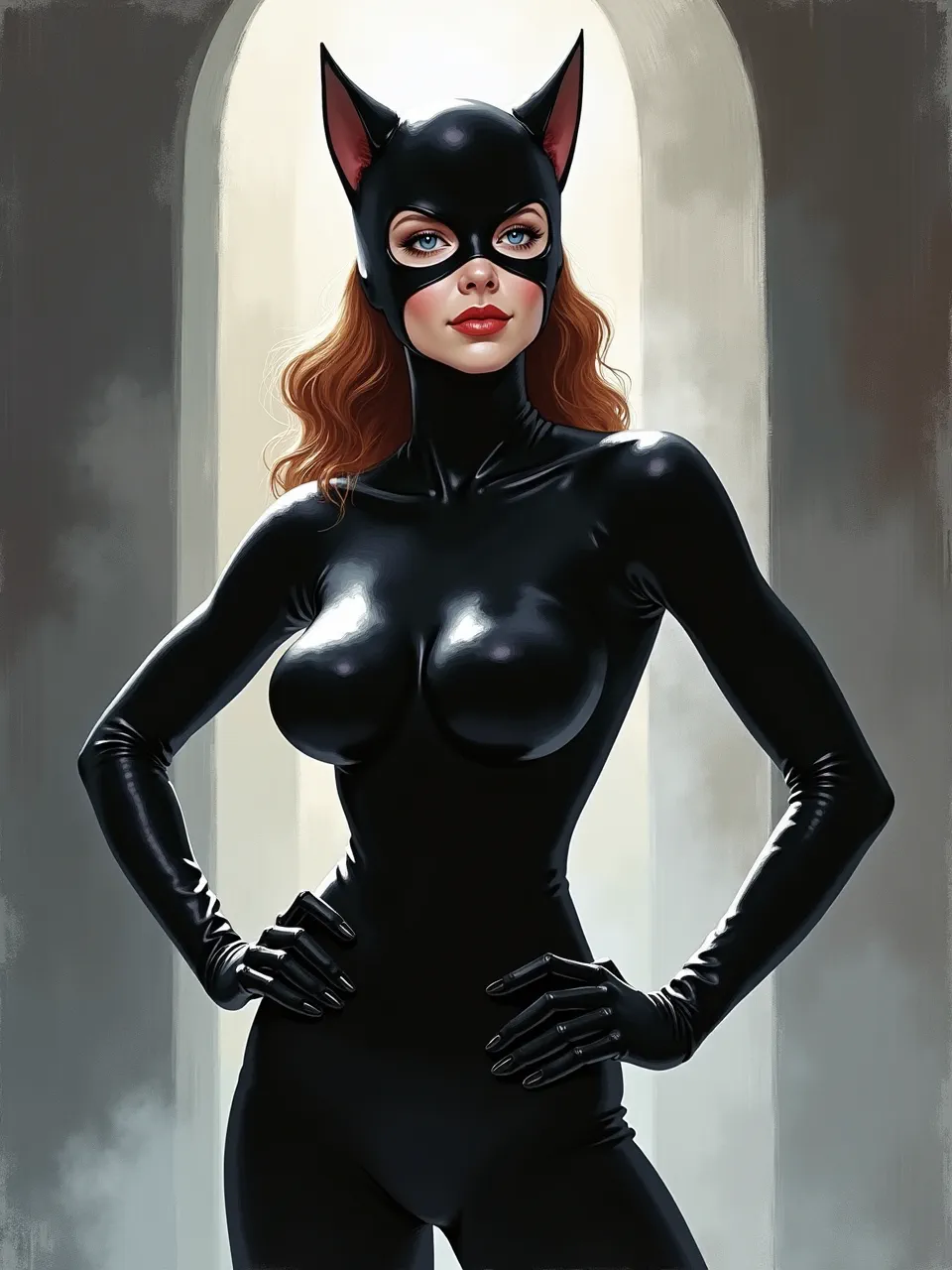 This captivating Catwoman artwork, in Jim Burns' iconic style, features dramatic backlighting and realistic latex textures. This digital painting showcases her sleek form with exquisite detail.