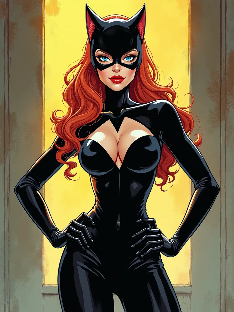 Striking Jim Mahfood Catwoman digital art. Dynamic backlighting illuminates glossy suit textures and vibrant comic colors, exemplifying the bold, energetic style of this iconic character illustration.