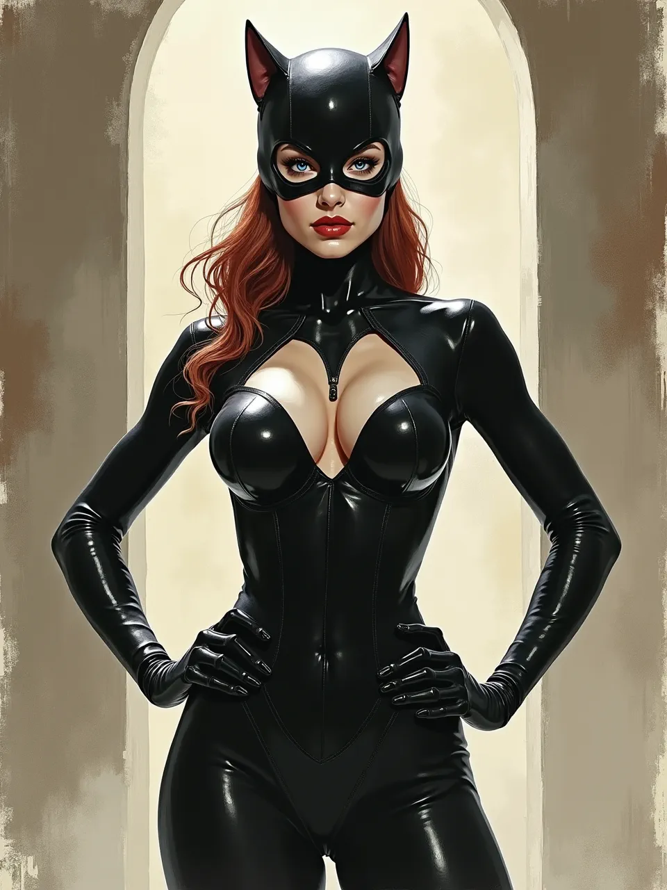 This Joao Ruas-inspired Catwoman AI digital painting boasts stunning lighting on glossy latex textures. Rich painterly details capture enigmatic depth, showcasing powerful artistic medium generation.