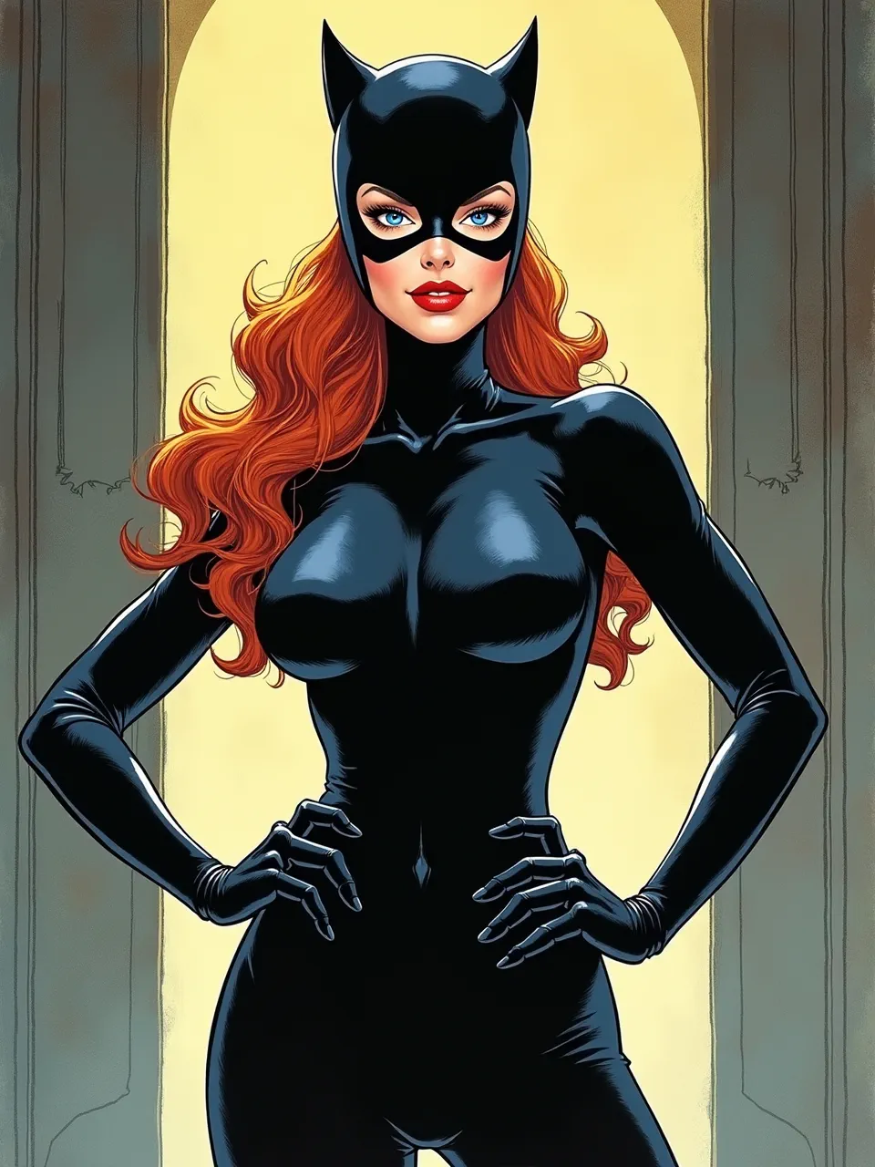 This vibrant Catwoman digital painting, masterfully executed in Joe Jusko's distinctive style, showcases dramatic lighting, slick leather textures, and a classic comic art medium, highlighting every detail.