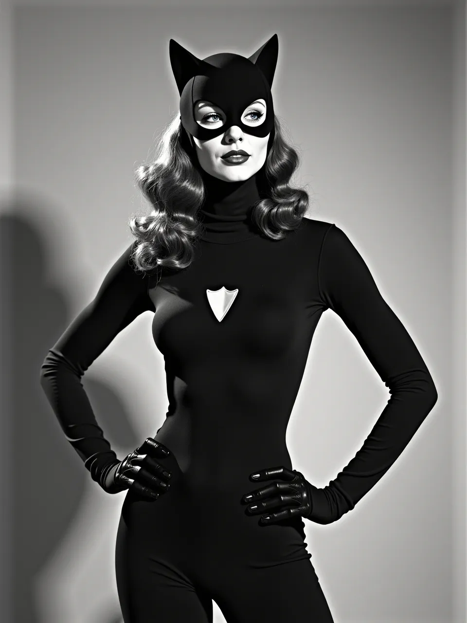 Captivating Joe Webb-inspired Catwoman generation. Dramatic lighting emphasizes smooth digital textures and vintage hair, presented in a monochrome, photographic AI medium. Intense, iconic visual appeal.