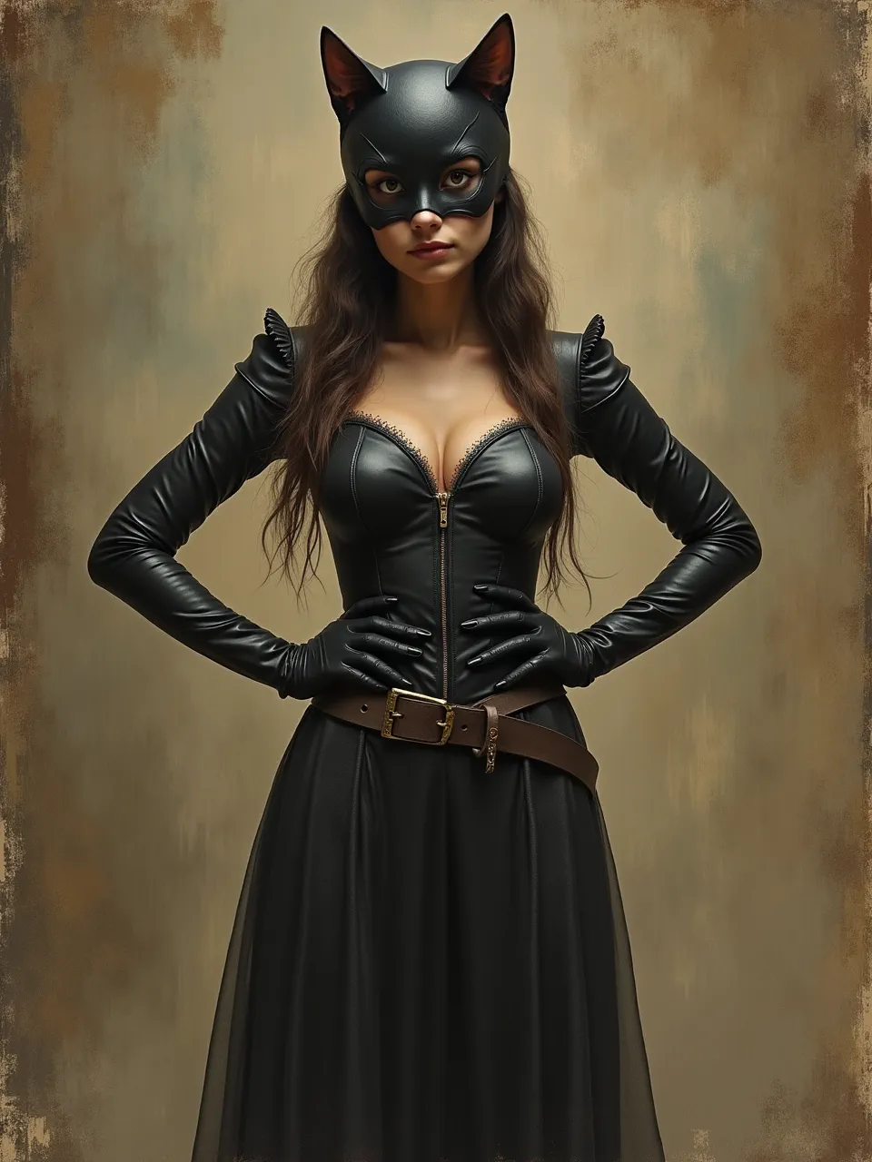 This AI-generated Catwoman portrait, in Johan Hendrik Weissenbruch's oil painting style, features soft atmospheric lighting and rich leather textures, evoking classic artistry.