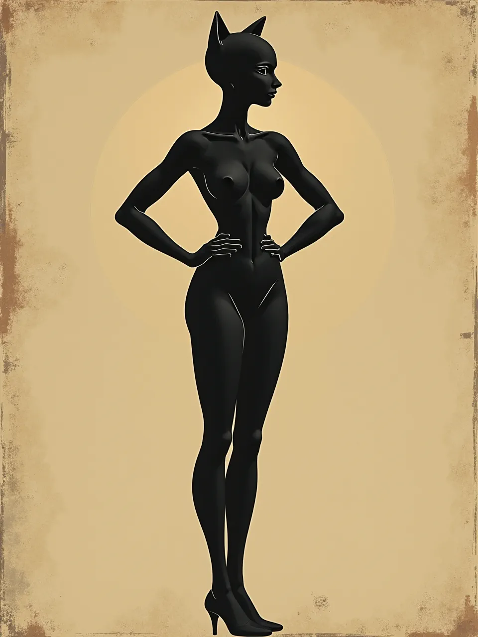 This Johannes Itten-inspired Catwoman digital art presents dramatic chiaroscuro lighting, emphasizing sleek figure textures and distressed paper medium in a minimalist graphic study.