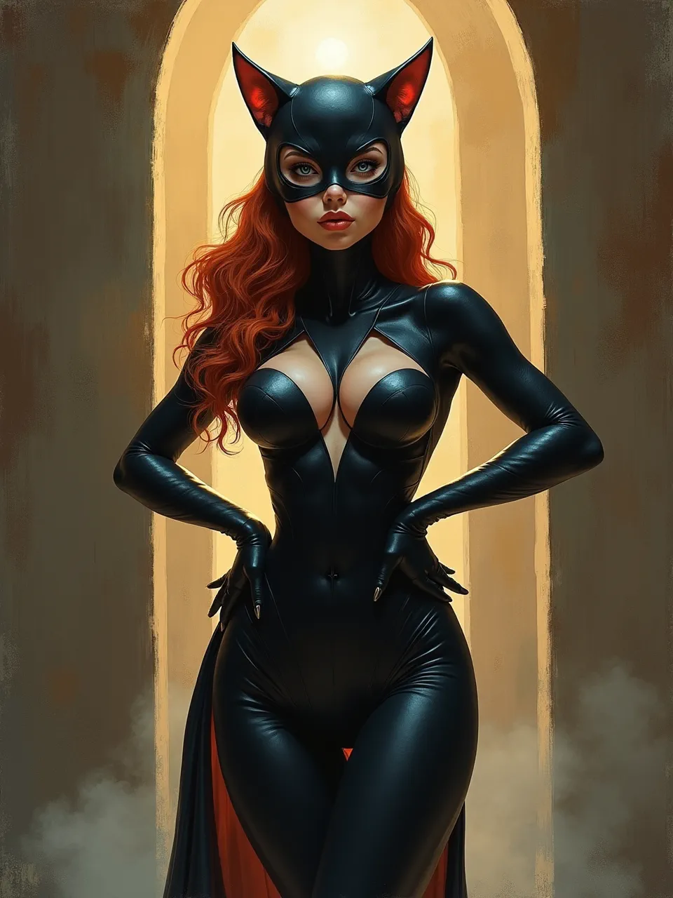 Johfra Bosschart's ethereal lighting dramatically sculpts Catwoman's glossy leather textures. This striking digital oil painting meticulously captures her iconic allure with rich detail.