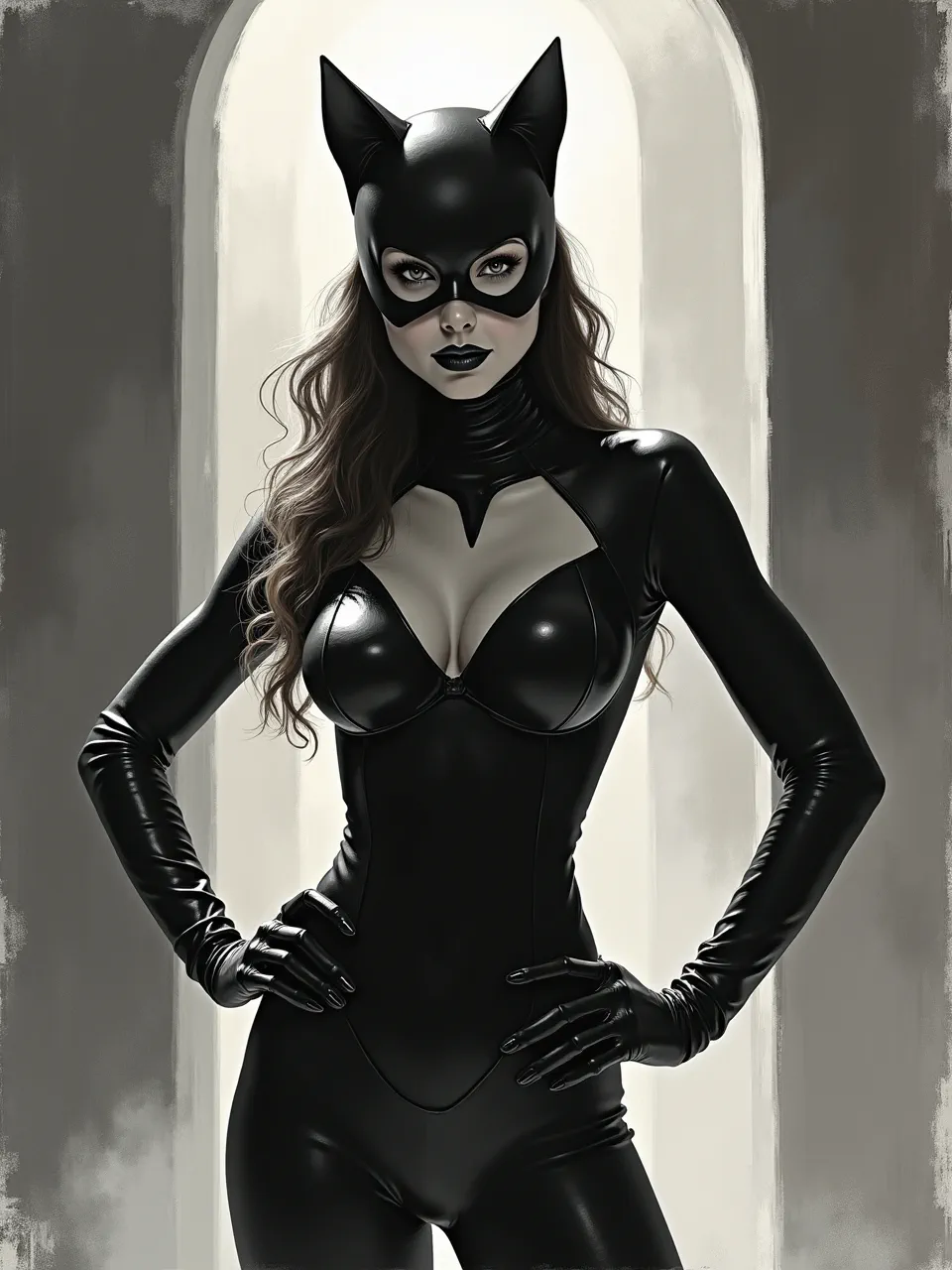 This stunning Catwoman AI artwork, in John Berkey's dramatic style, masterfully employs high-contrast lighting and glossy latex textures within a rich digital painting medium.