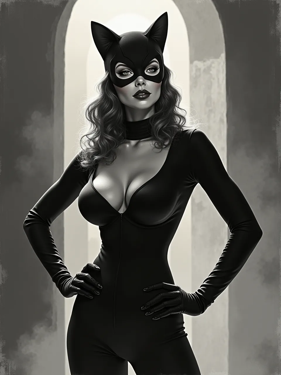 This Flux AI image features a Catwoman generation in the dramatic, high-contrast style of John Blanche. Gritty textures and stark, theatrical lighting illuminate the digital painting, creating a captivating and.