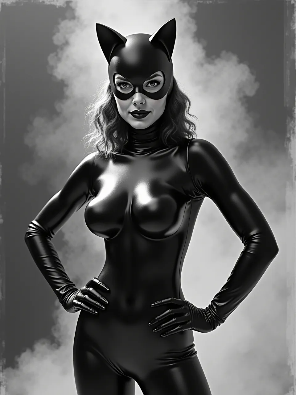This Flux AI Catwoman, reimagined in John Chamberlain's style, features dramatic lighting on sleek, reflective textures. This cutting-edge digital art medium sculpts iconic character into industrial form.