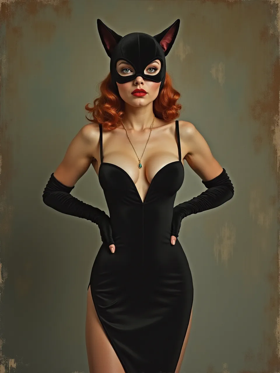 This John Currin-style Catwoman digital painting showcases exquisite lighting and luxurious textures. Hyperrealistic skin and sleek fabric embody this iconic villain, a compelling artistic portrait.