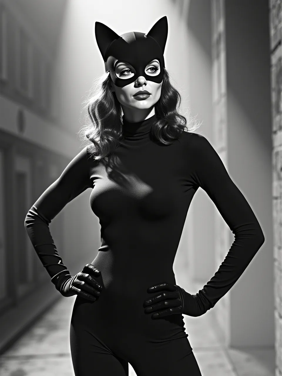 This John Hoyland-influenced Catwoman, an AI-generated digital image, masterfully uses dramatic lighting and smooth textures in a striking monochromatic photographic style.