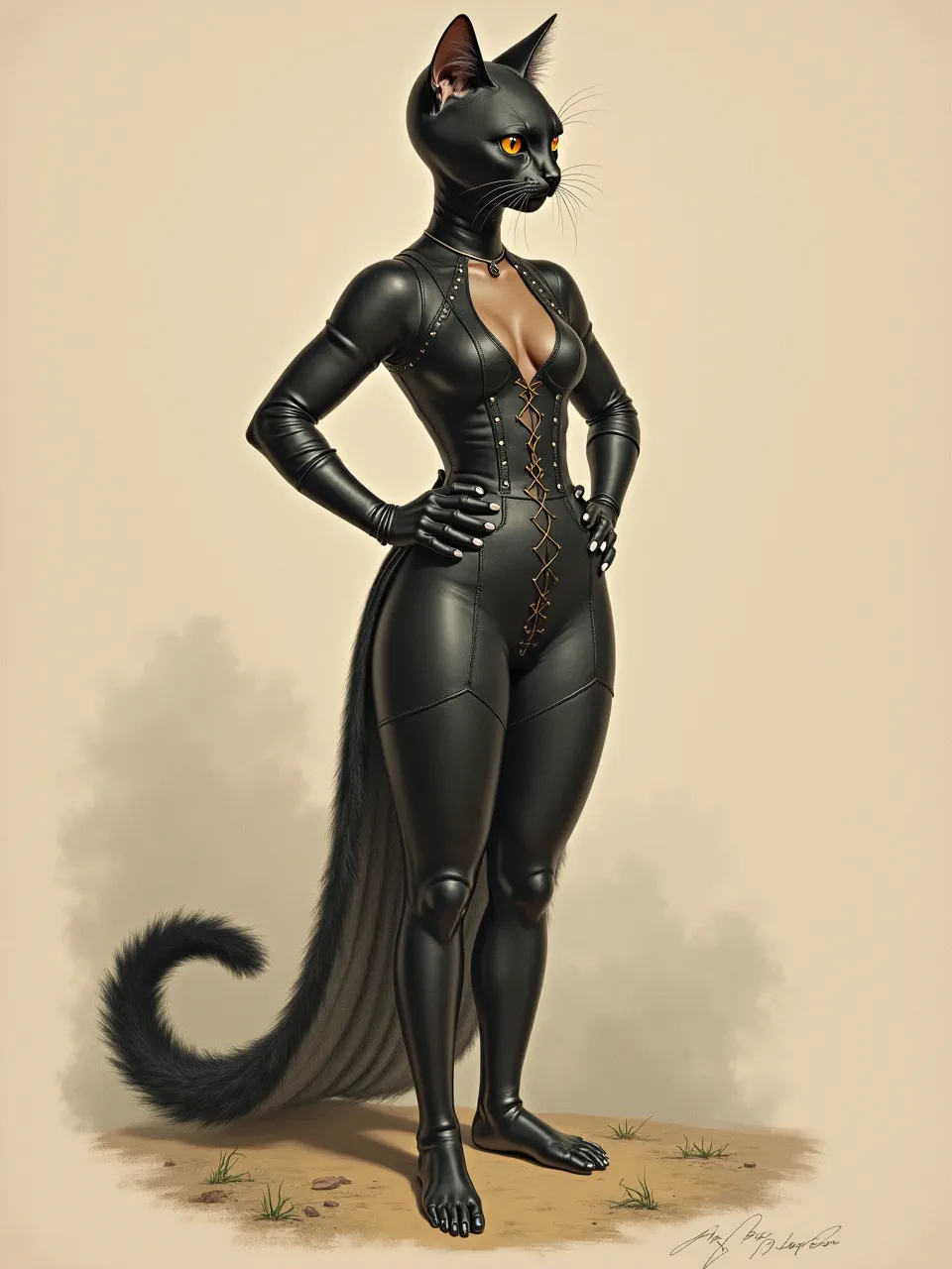 This Catwoman generation, in John James Audubon's detailed style, features exquisite digital illustration with striking lighting, detailed leather textures, and naturalistic fur as its artistic medium.