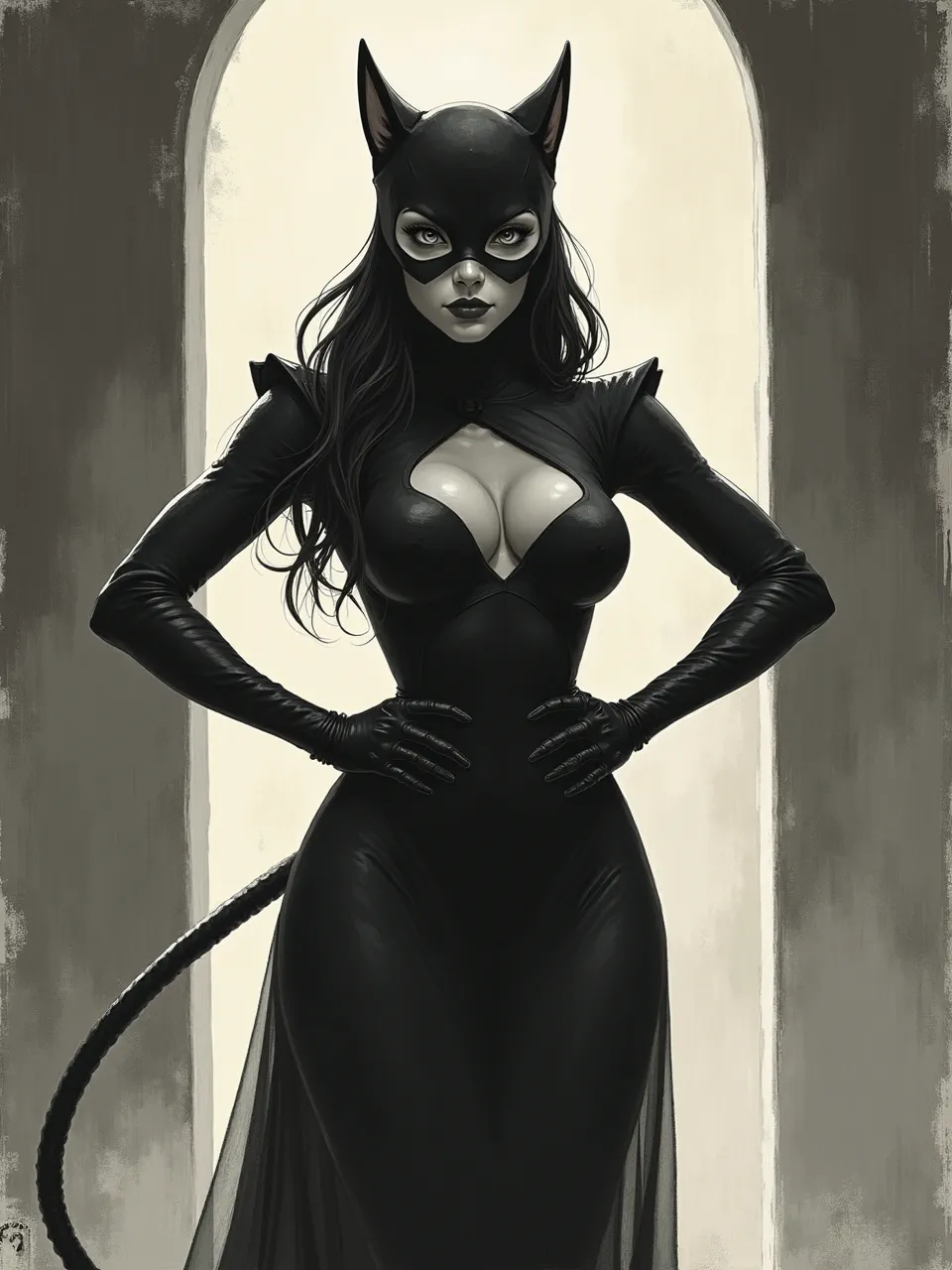 Flux AI's Catwoman, channeling John Kenn Mortensen's style, features moody lighting and dark, tactile textures. Its charcoal-like medium creates a gothic, illustrative depth, perfectly capturing her enigmatic allure.