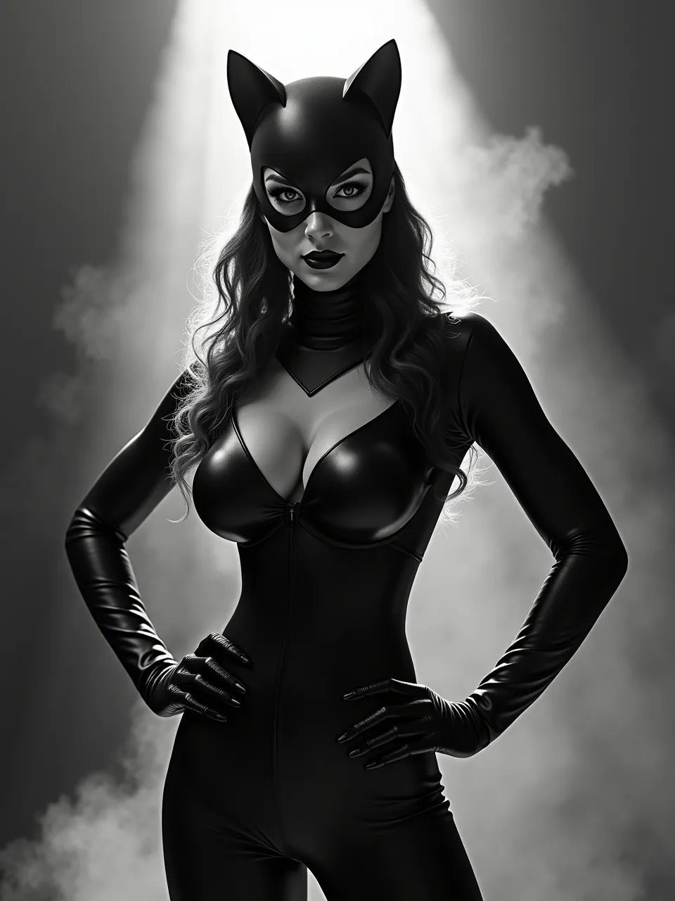 This Flux AI Catwoman generation channels John Martin's dramatic lighting, showcasing sleek leather textures and atmospheric smoke in a striking monochromatic digital art piece.