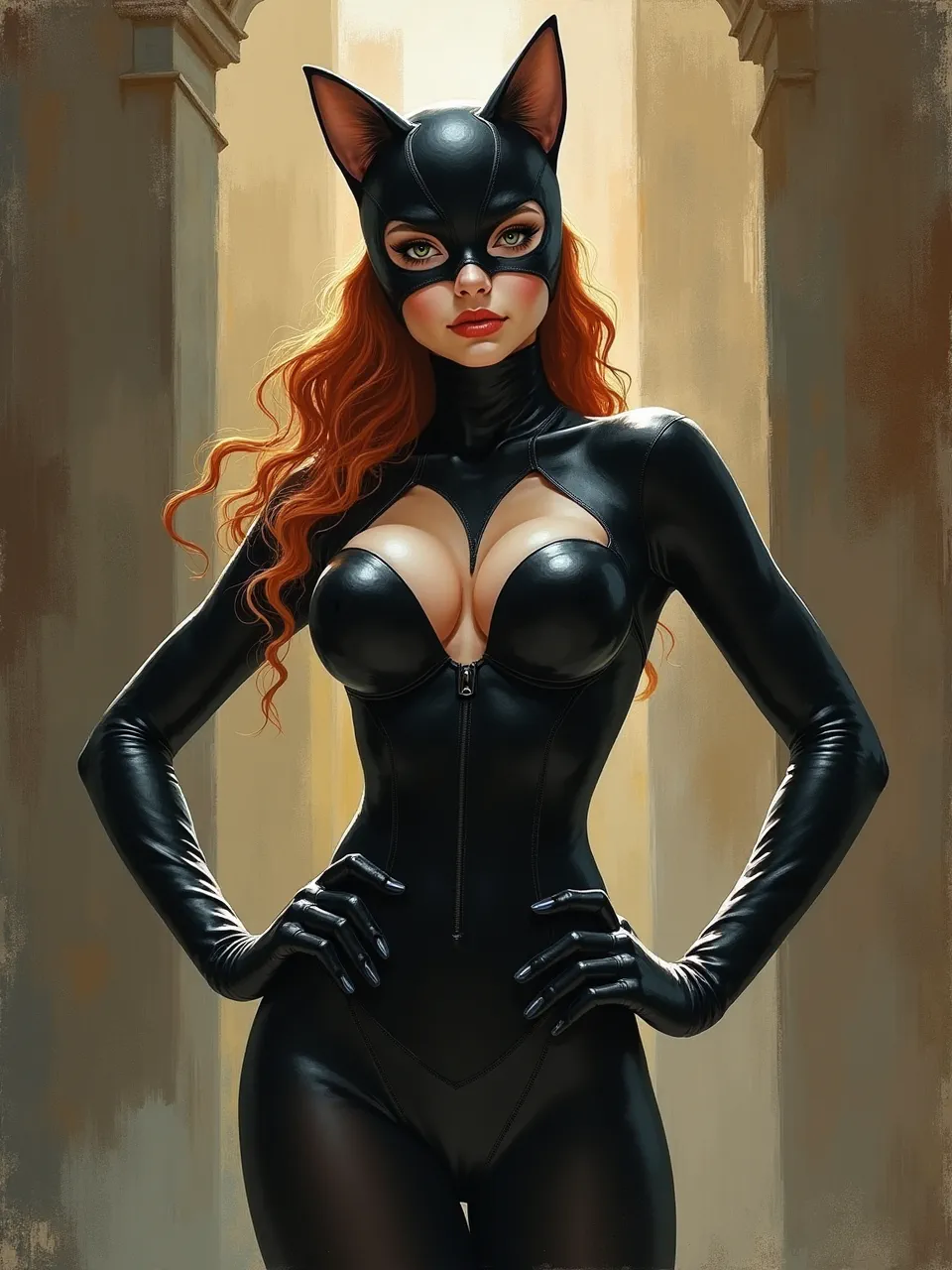 This Flux AI painting of Catwoman in John Perceval's style features exquisite lighting, accentuating glossy latex textures. A modern digital art piece with classic painterly depth.